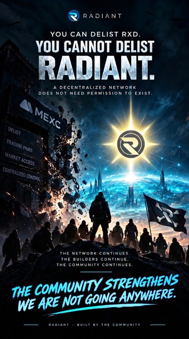 A 'RADIANT' promotional poster with text 'YOU CAN DELIST RXD. YOU CANNOT DELIST RADIANT. A DECENTRALIZED NETWORK DOES NOT NEED PERMISSION TO EXIST.' and 'THE COMMUNITY STRENGTHENS. WE ARE NOT GOING ANYWHERE.'