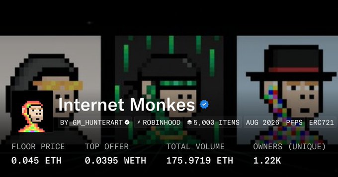 A dark webpage banner for an NFT collection titled "Internet Monkes," displaying three pixel-art monkey characters and stats including "FLOOR PRICE 0.045 ETH," "TOP OFFER 0.0395 WETH," "TOTAL VOLUME 175.9719 ETH," and "OWNERS (UNIQUE) 1.22K."
