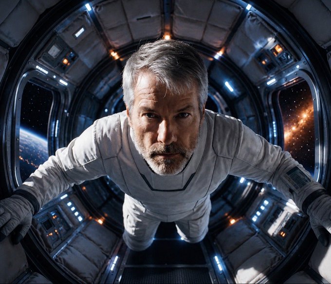 An older man in a white spacesuit floats in a circular spaceship corridor with views of Earth and a galaxy outside the windows, his intense gaze meeting the camera. The image evokes the long-horizon, "to the stars" mindset of a patient investor who views Strategy's eventual index inclusion as inevitable, much like a voyage through space—distant but certain in its trajectory.