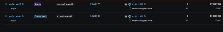 A dark-themed blockchain transaction log showing entries for token contracts '0x54...c029' and '0x58...a00D', including methods like 'transferOwnership' and 'acceptOwnership' with associated token IDs and values like '< $0.01'.