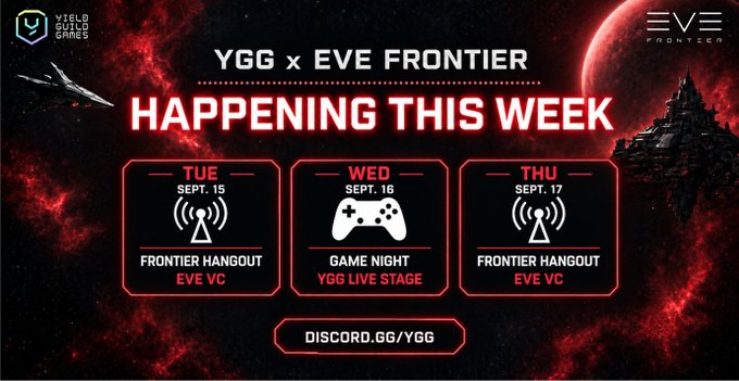 A promotional graphic for "YGG x EVE FRONTIER" announcing events "HAPPENING THIS WEEK" on Tuesday Sept. 15, Wednesday Sept. 16, and Thursday Sept. 17, featuring Frontier Hangouts and Game Night, with the link "DISCORD.GG/YGG".