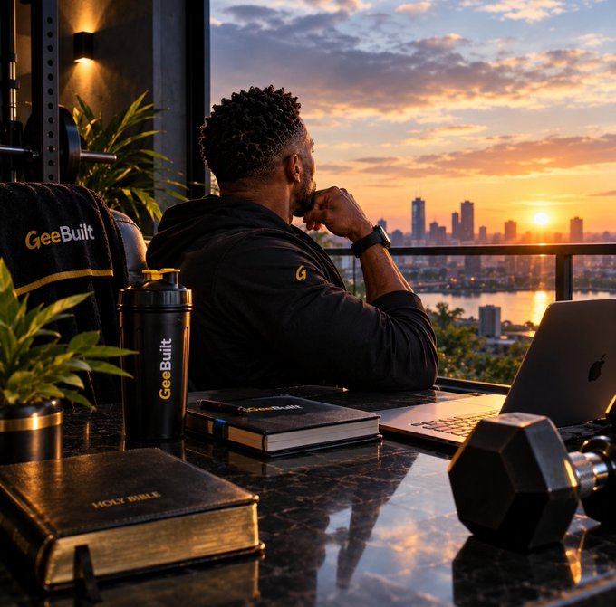 A man gazes at a sunset over a city skyline from an indoor space, with items on a marble counter including a "GeeBuilt" branded shaker bottle, a laptop, a dumbbell, and books labeled "HOLY BIBLE" and "GeeBuilt".