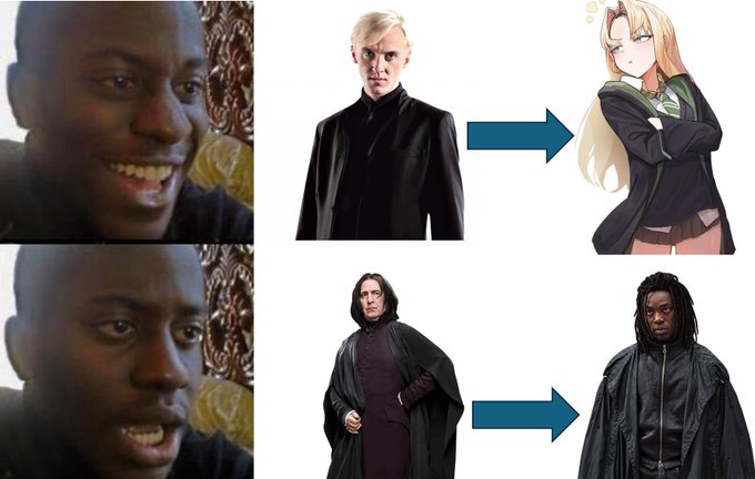 A meme compares two images of a smiling and serious-looking man to characters from Harry Potter; an arrow points from a blond man in a black coat to an anime girl, and another arrow points from a dark-robed man to a black-clad character resembling Severus Snape.