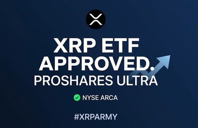 The image features a blue background with white text that reads "XRP EFT Approved. PROSHARES ULTRA #XRP WINS AGAIN! THE LEVERAGED FLOODGATES ARE OPEN AND THERE IS ABSOLUTELY NO STOPPING US NOW!". The post is promoting the approval of Ripple's ether token, XRP, and its potential benefits for users.
