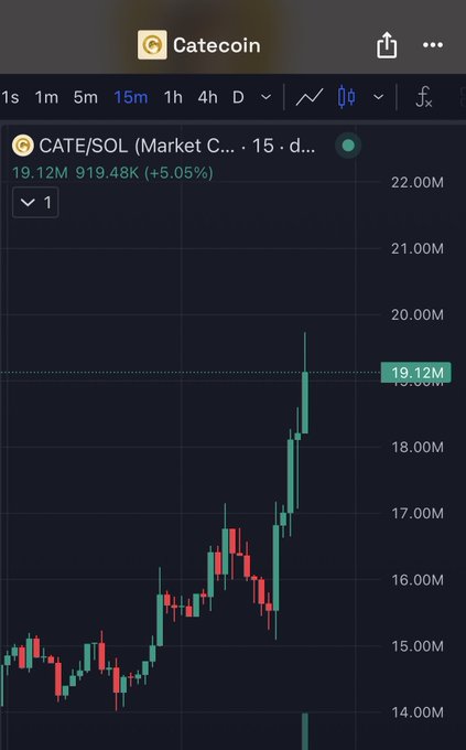 A TradingView-style candlestick chart on Catecoin shows the CATE/SOL pair spiking to a current price of 19.12M (market cap 919.48K), up +5.05%, on a 15-minute timeframe. The dramatic upward candle illustrates the post's excitement about changing his profile picture, which he credits for triggering a sudden "god candle" rally in the $CATE token.