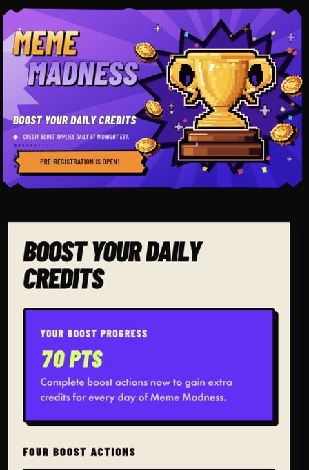 This image showcases "Meme Madness" with a golden trophy and coins, promoting a boost in daily credits with 70 PTS currently achieved. The post highlights a 100k USDT prize pool from CadeMarket, a Solana-backed project, with the event ending tomorrow.