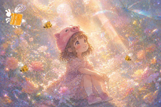 A young girl in a pink pig hat sits in a dreamlike, glowing flower field surrounded by bees and sparkles, embodying a sense of innocent wonder and quiet joy that mirrors the post's appreciation for understated, quality-focused projects like Riverdot's satUSD and River Points.