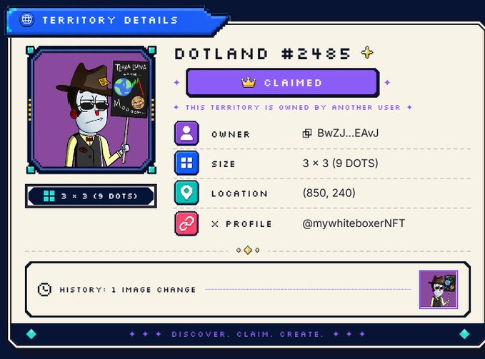 A 'Territory Details' screen for DOTLAND #2485, marked as 'CLAIMED' by owner BwZJ...EAvJ, showing a 3x3 (9 dots) territory at location (850, 240), linked to @mywhiteboxerNFT on X.