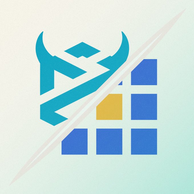 The image features a stylized logo combining a teal bull's head with a grid of blue squares and a yellow accent block, overlaid with a white upward slash, symbolizing bullish growth. The logo likely represents DotLand or a related project, visually reinforcing the post's message that holding a Dot NFT just became more valuable through a new token airdrop opportunity via DEXTools.