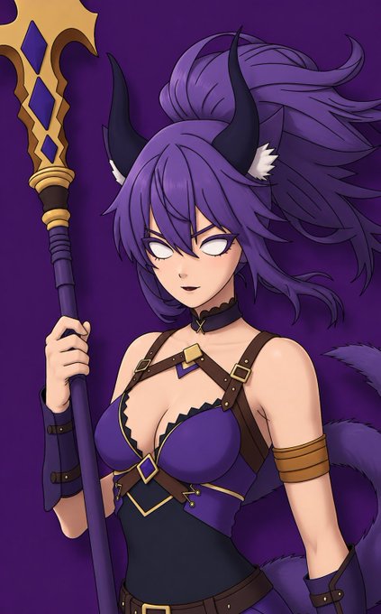 An anime-style illustration of a purple-haired demon girl with horns, holding a golden staff and wearing a revealing purple and black outfit against a purple background.