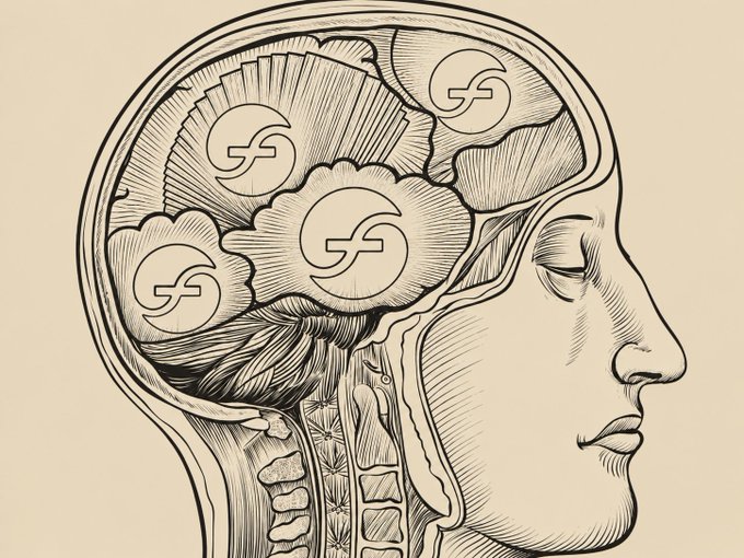 An illustration of a person's head in profile shows a cross-section of the brain divided into sections containing circular logos with stylized letters.