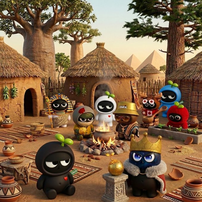 A whimsical digital illustration featuring cute round character mascots in an African village setting with thatched huts, baobab trees, and pyramids in the background.