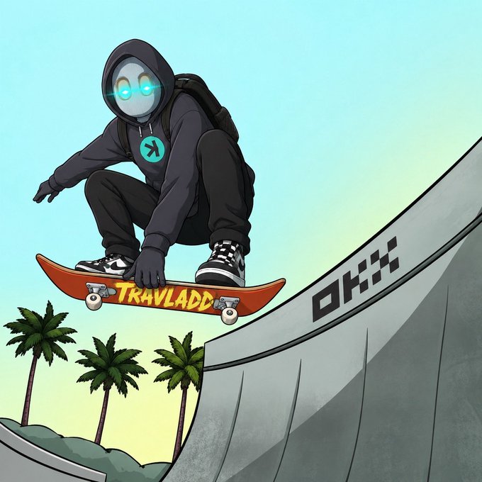A hooded, robotic character with glowing cyan eyes grinds a skate ramp on a board labeled "TRAVLAGG," set against a backdrop of palm trees. The "OKX" logo is prominently displayed on the ramp, cleverly tying into the post's endorsement of the OKX cryptocurrency exchange.
