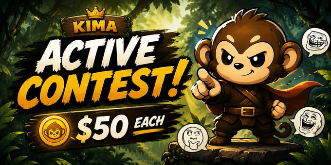 A cartoon monkey warrior points confidently at the viewer beside bold text announcing "KIMA ACTIVE CONTEST! $50 EACH" in a jungle setting, promoting a chat engagement competition where the top 5 most active participants will each win $50 by the August 20th deadline.