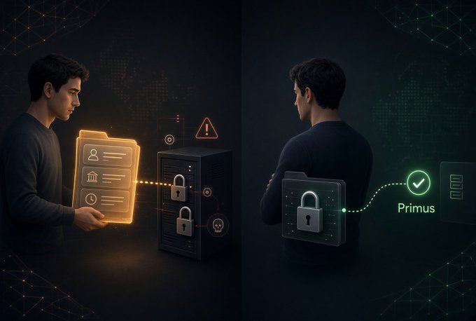 Digital artwork depicting a cybersecurity concept, showing a man holding documents connected to a server with locks on one side, contrasted with a secured figure connected to 'Primus' on the other.