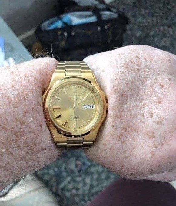 A close-up shows a gold-tone wristwatch on a freckled wrist, with a day-date window reading “TUE 8” and “AUTOMATIC” faintly visible on the dial. The accompanying “THANK YOU @Pumpfun” post appears to thank the tagged account, but the image itself does not clearly identify the watch brand.