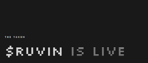 A minimalist graphic with a black background displaying pixel-style white text reading 'THE TOKEN' above '$RUVIN IS LIVE'.
