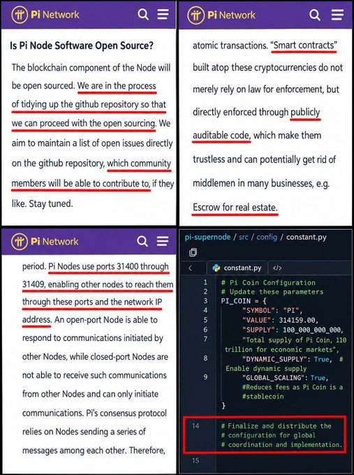 Collage of four screenshots from Pi Network about whether Pi Node software is open source, including excerpts discussing blockchain components, smart contracts, port configurations, and a Python configuration file showing 'PI_COIN' parameters.
