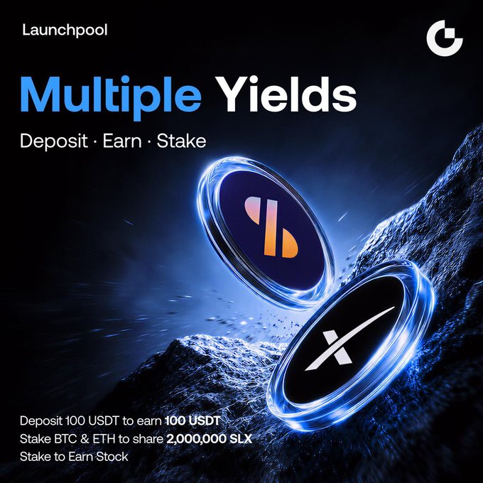 A promotional graphic for Launchpool's "Multiple Yields" campaign featuring glowing cryptocurrency tokens with the details: "Deposit 100 USDT to earn 100 USDT," "Stake BTC & ETH to share 2,000,000 $LX," and "Stake to Earn Stock," visually representing the deposit, earn, and stake strategy outlined in the post.