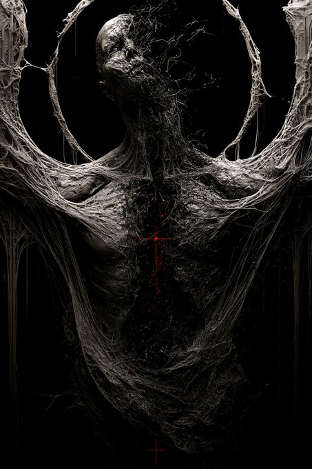 Dark, gothic digital artwork depicting a monstrous humanoid figure made of web-like fibrous material with raised arms and an open, screaming mouth, set against a black background with small red cross symbols.