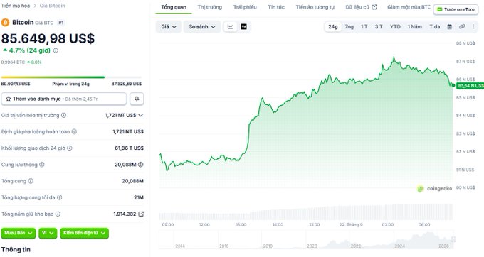 CoinGecko price chart for Bitcoin (BTC) showing a price of 85,649.98 US$ with a +4.7% (24 giờ) increase, displayed in Vietnamese.