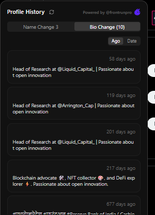 The image shows a "Profile History" section powered by @frontrunpro, displaying "Bio Change (10)" entries for a user. The bio updates reveal the user has cycled through roles like "Head of Research at @Liquid_Capital" and "Head of Research at @Arrington_Capital" over 58-217 days, before settling into a "Blockchain advocate" title with "DeFi explorer" descriptors. This illustrates how the post's referenced scanner helps identify potential recycled scams by exposing the same person reappearing under different protocol affiliations.