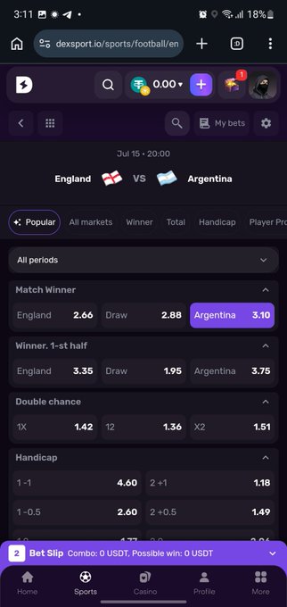 A mobile screenshot of the Dexsport.io sports betting interface shows the England vs Argentina match on July 15 at 20:00, with Argentina highlighted as the match winner at odds of 3.10 (compared to England's 2.66 and Draw at 2.88), along with additional markets like Winner 1st Half, Double Chance, and Handicap odds for semifinal predictions.