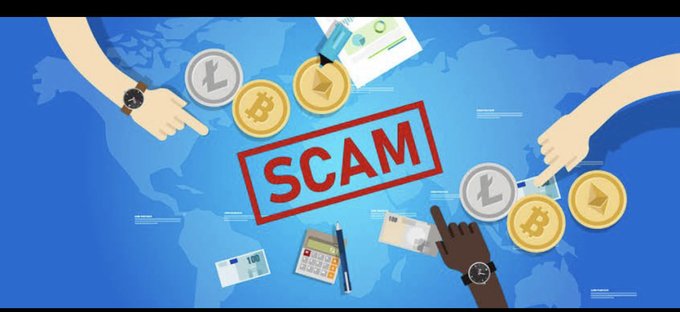 The image features two hands pointing at a red stamp that reads "Scam". The background of the image is a blue map with various coins and financial symbols scattered around, including a Bitcoin symbol. There are also two pieces of paper labeled "Litcoins" on the map. In addition to these elements, there's an address book positioned above the main focus.