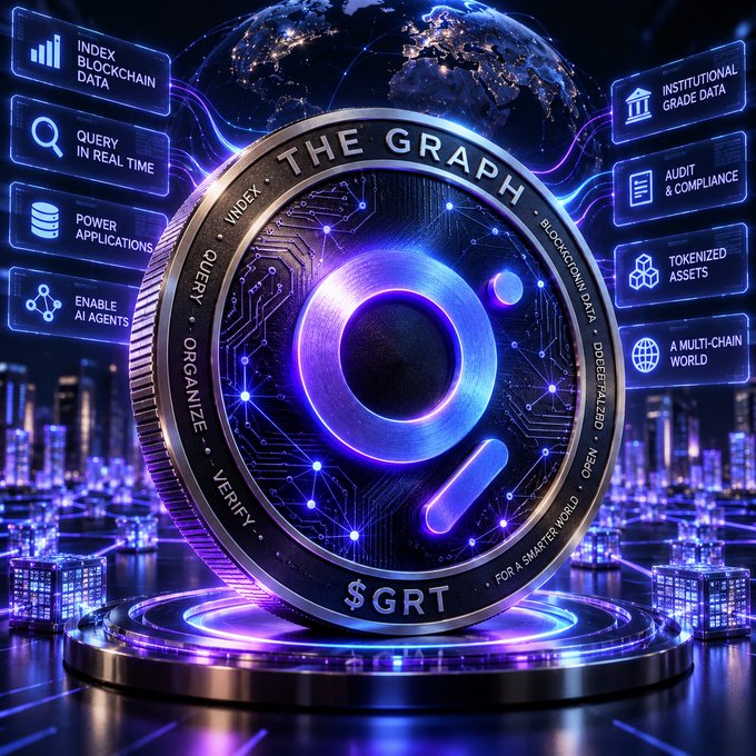 A futuristic digital coin labeled 'THE GRAPH' and '$GRT' sits on a glowing pedestal, surrounded by feature panels listing capabilities such as 'INDEX BLOCKCHAIN DATA', 'QUERY IN REAL TIME', 'POWER APPLICATIONS', and 'ENABLE AI AGENTS'.