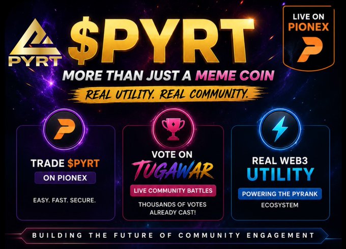 The image is a promotional graphic for the "$PYRT" cryptocurrency, claiming it's "MORE THAN JUST A MEME COIN" with "REAL UTILITY. REAL COMMUNITY." It highlights three features: trading on Pionex, voting in "TUGAWAR" live community battles, and providing Web3 utility for the "PYRANK ECOSYSTEM," while announcing it's "LIVE ON PIONEX."

**Relation to the post:** The image is unrelated to the giveaway described in the post, which mentions a $1,000 USDT giveaway tied to buying on Uniswap using contract address 0x38342f9c040e8b9291886e3df9ce8e7c88cf1948. The graphic promotes an entirely different project ($PYRT on Pionex) and appears to be either misappropriated or part of a deceptive post, as the contract address shown does not match $PYRT.