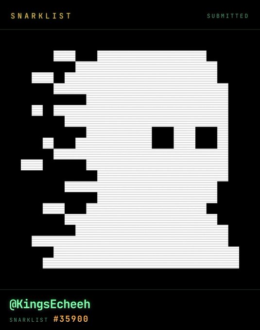 A pixel art skull with a disintegrating left side is displayed on a black background, branded "SNARKLIST" at the top and labeled as submission "@KingsEcheeh #35900" at the bottom, matching the user's claim of being the 35,900th applicant to the zkSNARK-based Snarklist registry.