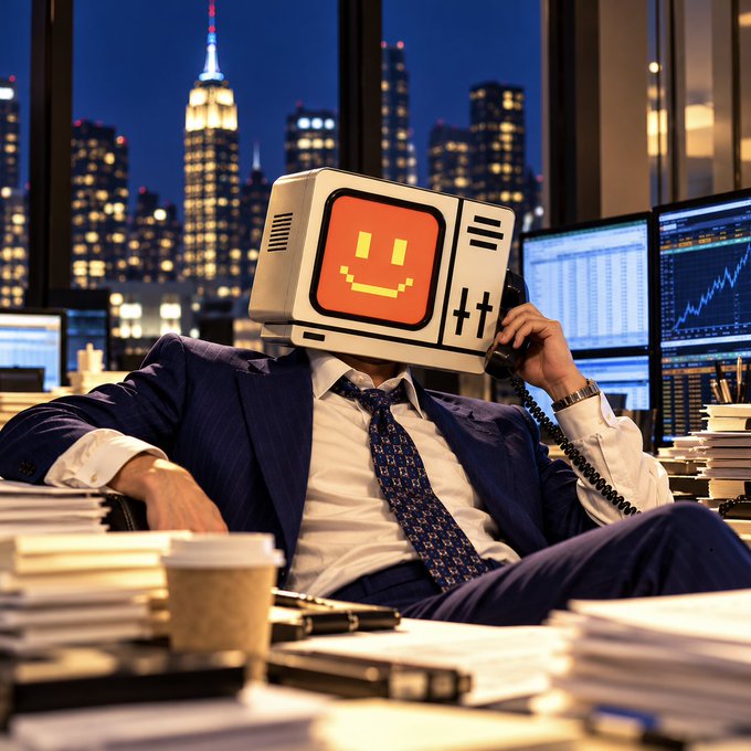 A businessman in a blue suit with a vintage CRT-style computer monitor for a head featuring a pixelated orange smiley face, sitting at a desk with stacks of papers while talking on a phone, with a nighttime city skyline visible through the window.