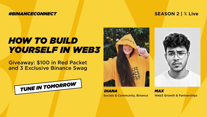 Promotional banner for Binance Connect Season 2 on X Live featuring hosts Diana (Socials & Community, Binance) and Max (Web3 Growth & Partnerships), announcing "How to Build Yourself in Web3" with a giveaway of $100 in Red Packet and 3 Exclusive Binance Swag, urging viewers to tune in tomorrow—aligning with the post's reminder about the live event at 11:00 UTC with Red Packet drops and giveaway entry.