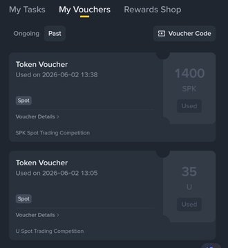 A screenshot of a smartphone displaying information about two gift cards or vouchers, one being "TakenVoucher" and the other having details such as its value, expiration date, and whether it has been redeemed or not. The screenshot also shows an award description for the "Big win from the Binance Spot Trading Competitions! Just redeemed my rewards: 1400 $SPK - Worth $31 -worth $35 -Super excited to see my trading efforts pay off!".