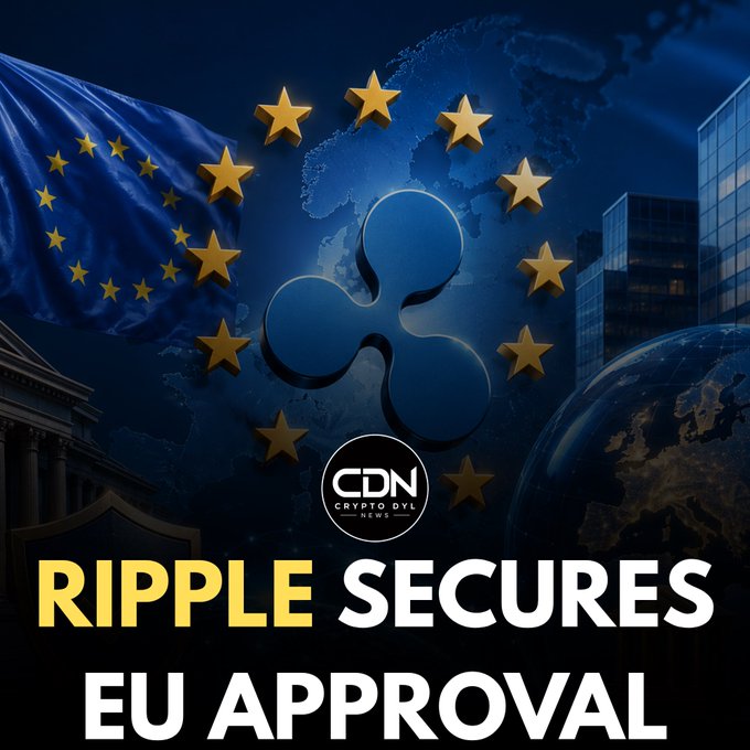 A graphic featuring the Ripple (XRP) logo encircled by European Union stars, with the EU flag, a world map, and city skyline in the background. Text reads 'RIPPLE SECURES EU APPROVAL' with a 'CDN Crypto Daily News' watermark.