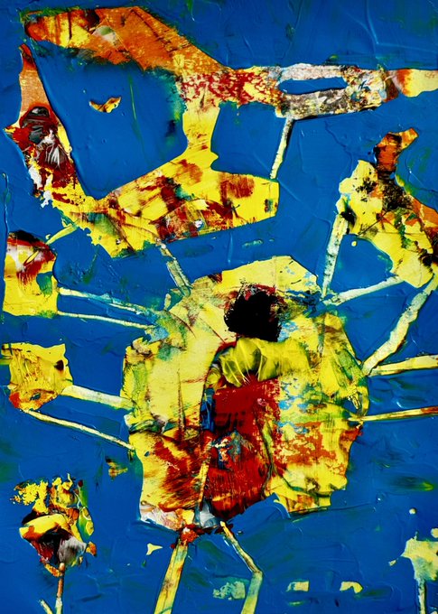 An abstract expressionist painting featuring vibrant blue, yellow, and red colors with textured brushstrokes and drips.