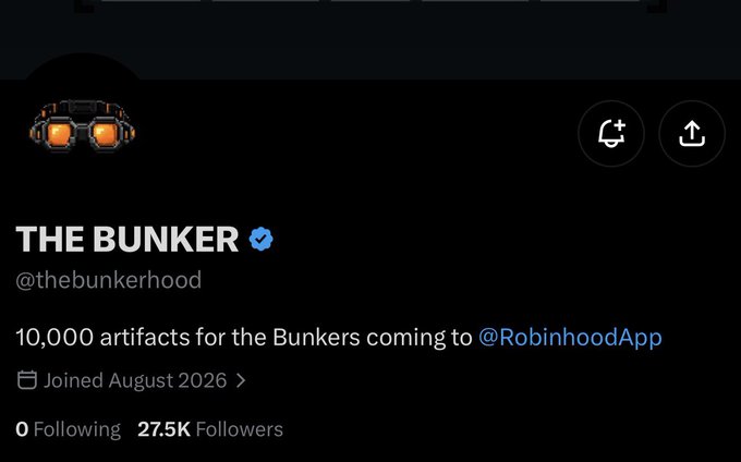 A verified X (Twitter) profile for "THE BUNKER" (@thebunkerhood) with 27.5K followers, displaying a bio promoting "10,000 artifacts for the Bunkers coming to @RobinhoodApp." The profile image features orange-glowing goggles, aligning with the accompanying post's giveaway announcement targeting followers of @Amordeev and @thebunkerhood.