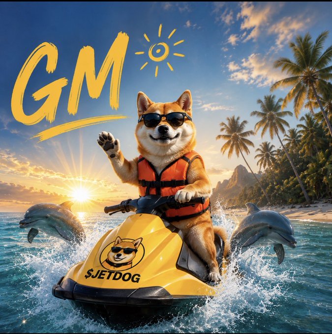 A digital illustration shows a Shiba Inu dog wearing sunglasses and an orange life vest riding a yellow jet ski labeled '$JETDOG' through tropical waters with dolphins, accompanied by 'GM' and a sun graphic in the sky.