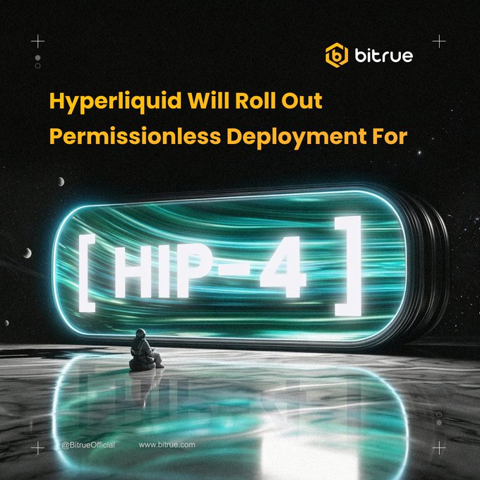 A Bitrue promotional graphic features the headline "Hyperliquid Will Roll Out Permissionless Deployment For" displayed above a glowing futuristic capsule displaying "HIP-4," with the Bitrue logo at the top and their social handle @BitrueOfficial along with www.bitrue.com at the bottom—visually announcing Hyperliquid's upcoming HIP-4 update that will enable permissionless prediction market deployment, paired with a call-to-action to stake the $HYPE token on Bitrue.