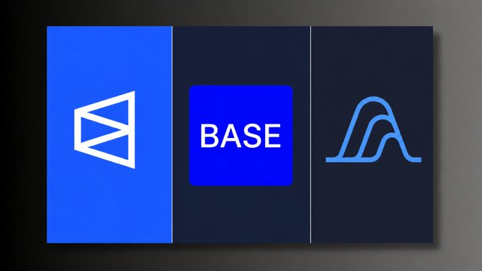 The image features a poster with three different logos, each representing a different aspect of the Base platform. The first logo displays a blue triangle with a white "B" at its center, symbolizing the "base" or foundation of the platform. The second logo is a blue wave-like shape that represents the "a" in "A". The third logo is a blue square with a white "B" on it, which signifies the "base" or core of the platform. These logos are arranged vertically against a black background to create a striking visual effect and draw attention to the Base platform.