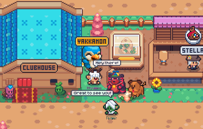 A pixel-art game scene featuring a 'CLUBHOUSE' with characters chatting, including one saying 'Hey there!' labeled 'YAKKAMON'.