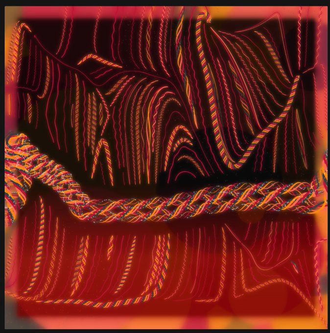 An abstract digital artwork featuring swirling red, black, and multicolored thread-like patterns.