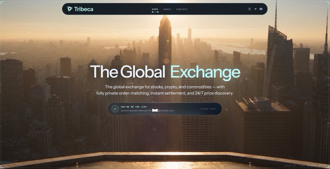 A website screenshot for 'Tribeca' displays 'The Global Exchange' over a hazy city skyline, with text describing it as a global exchange for stocks, crypto, and commodities.