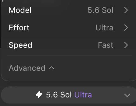 A settings panel displays "Model: 5.6 Sol," "Effort: Ultra," and "Speed: Fast" with an expanded "Advanced" section, and a button reading "⚡ 5.6 Sol Ultra." The "5.6 Sol" cost aligns with the post's reference to $SOL, indicating the user is set up to use cryptocurrency (Solana) to power their AI tool at the highest performance tier.