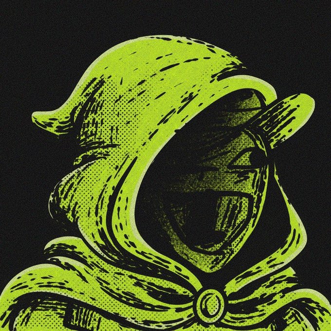 A stylized, halftone-textured illustration rendered in vibrant green and black shows a hooded figure with a visor or mask obscuring the face, with a circular clasp fastening the cloak at the neck.
