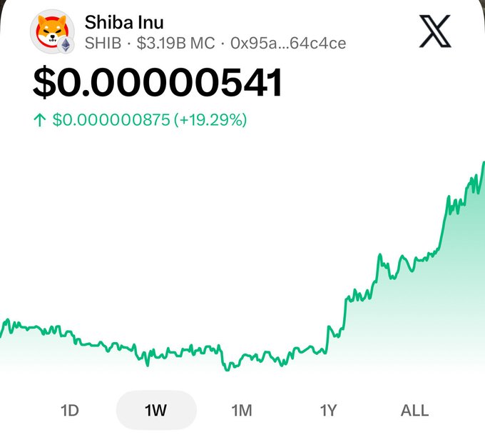 The image shows a 1-week (1W) price chart for Shiba Inu (SHIB) on what appears to be a cryptocurrency tracking platform, displaying a current price of $0.00000541 with a notable gain of $0.000000875 (+19.29%). The chart visually confirms the post's claim that "$SHIB is moving," showing a clear upward trend with a sharp rally toward the end of the week after a period of sideways consolidation.