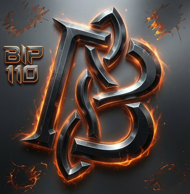 A dramatic metallic 3D logo or emblem with glowing orange fire effects, accompanied by the text 'BIP 110' on the left side against a dark, textured background.