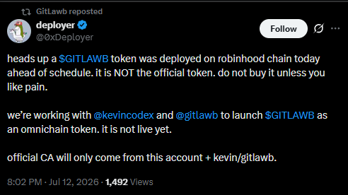 A tweet from deployer (@0xDeployer) reposted by GitLawb warns that a $GITLAWB token deployed on the Robinhood chain is a scam and not the official token.