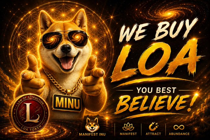 A Shiba Inu dog wearing sunglasses and a gold chain gives a double thumbs-up, surrounded by cosmic orange flames and a "Law of Attraction" coin, with bold text reading "WE BUY LOA — YOU BEST BELIEVE!" and tags "Manifest Inu," "Manifest," "Attract," and "Abundance" below. The image visually reinforces the post's announcement that the creator is using creator fees and supply to buy the LOA token, styled to match the meme coin's "law of attraction" branding.