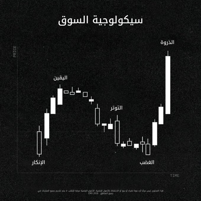 An infographic titled 'سيكولوجية السوق' (Market Psychology) in Arabic, displaying a candlestick chart illustrating market emotions from 'الزكام' (accumulation) through 'اليقين' (confidence), 'التوتر' (stress), and 'القبض' (capitulation) to 'الذروة' (euphoria), crediting DKK 2026.